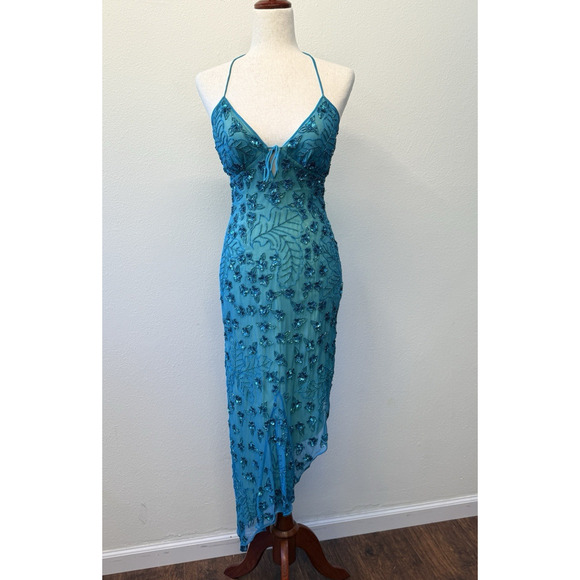 Cache Dresses & Skirts - Vtg Cache Y2K Maxi Dress Size XS Silk Fairy Mermaid Floral Beaded Asymmetrical